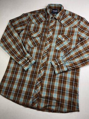 Wrangler Mens L Large Brown Blue Pearl Button Snap Retro Western Cowboy Country